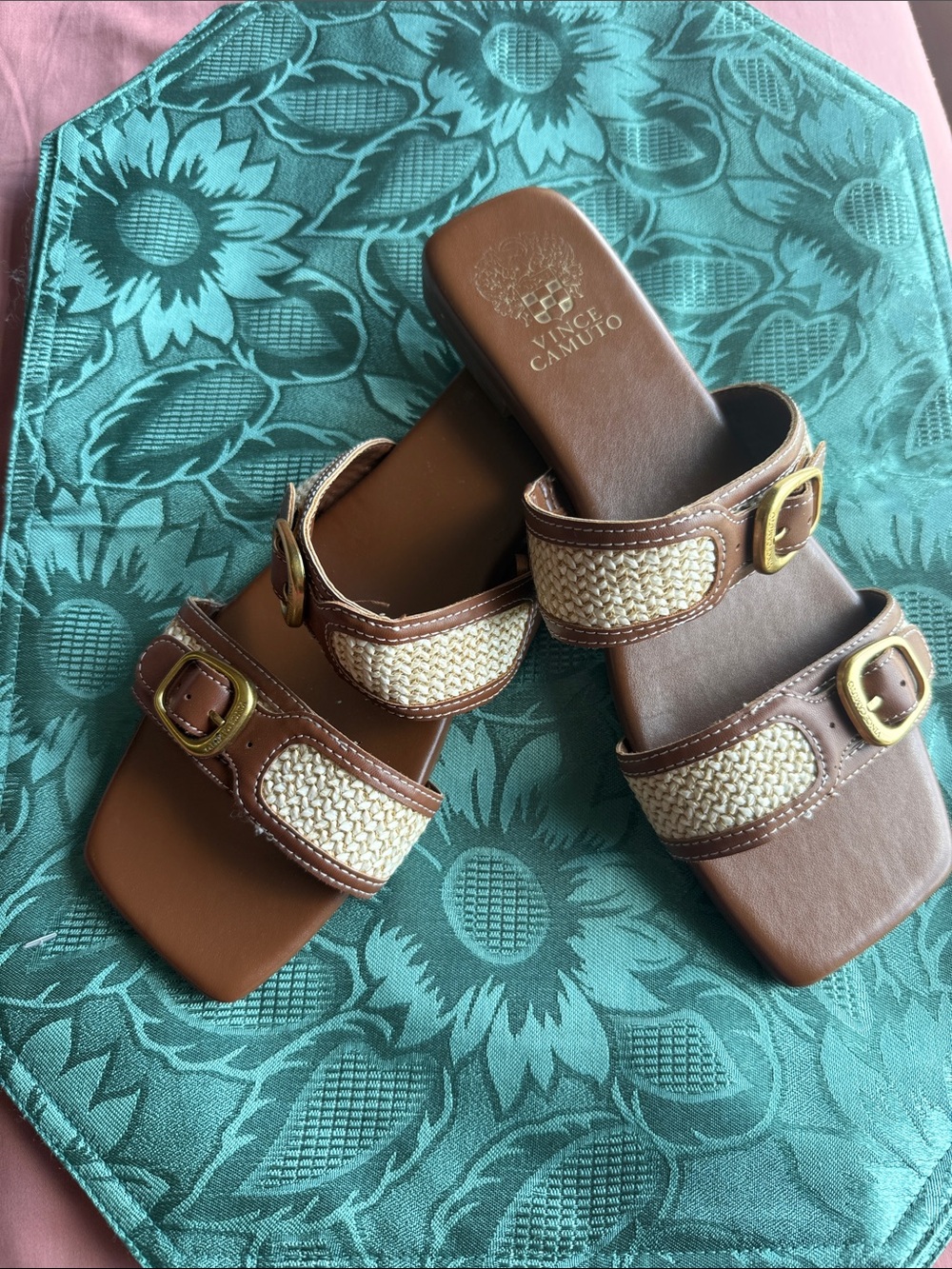Vince Camuto Brown Leather & Cream Woven Double-Buckle Slides